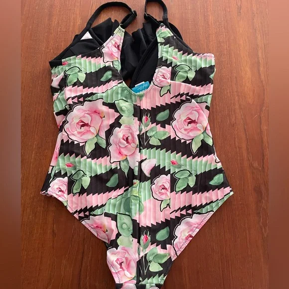 ModCloth one piece floral ruffled neck swimsuit XL NWT - Picture 2 of 7